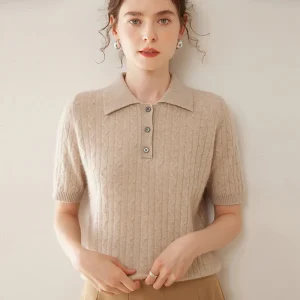 Cashmere cable-knit short-sleeve polo collar women's sweater sof, warm non-bulky perfect for layering  premium loose fit