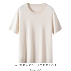 Hot Selling Basic Style 85% Silk 15% Cashmere Thin Round Neck Short Sleeve Knitted  Loose-fitting T-shirt Sweater for Women
