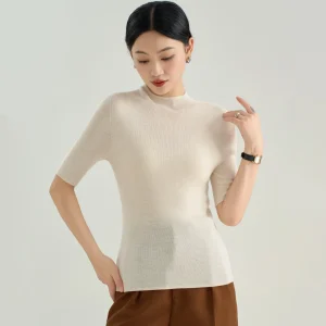 Women's Slim Fit Round Neck Short Sleeve Wool Sweater Seamless 100% Wool Thin Wool Pullover Inner Wear Wool Tops