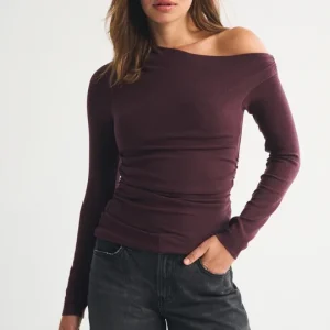 New Arrival Wine Red Off Shoulder Ruched Side Detail Slim Fit Soft Cotton Women Long Sleeve T-shirt