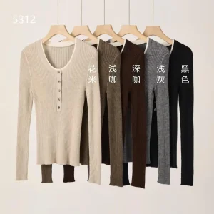 100% Wool Two-Piece Henley Collar Long Sleeve Top Slim Fit Round Neck Button Base Shirt Versatile Elegant Knitwear
