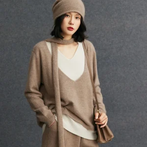 Women V Neck Sweater Cashmere Wool Blend Long Sleeve Knit Sweater Pullover