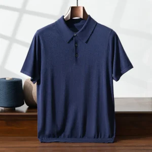 Mulberry Silk Polo Collar T-Shirt for Men, Summer Cashmere Fine Knit Short Sleeve Business Casual Loose Fit Plus Size Top