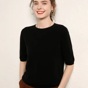 Ready-to-wear Seamless Cashmere Sweater Women's Knitted Base Layer Crew Neck Short-sleeve Loose Slimming Sweater Inner Top