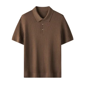100% Wool Ribbed Old Money Style Men's Knitted Polo Sweater Solid Color T-Shirt High-End Short Sleeve Top