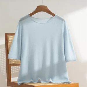 Autumn Thin 100% Pure Cashmere Women's Round Neck Pullover Short Sleeve Knit Sweater Top Direct Sales
