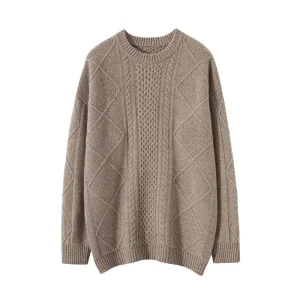 100% Merino Wool Men Chunky Knit Crew Neck Sweater Thick Warm Casual Pullover for Winter Available