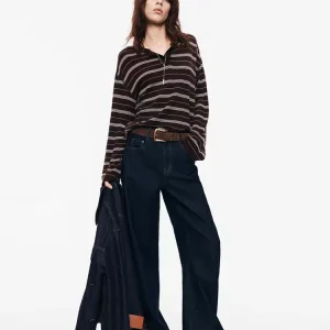 100% Merino Wool Henley Neck Knit Long Sleeve Striped Color Block Base Shirt Thin Loose Slimming Knitwear