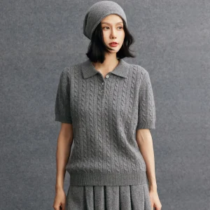 Womens Light Weight Sweater Knit Sweater Pullover Relaxed Fit Turn-down Collar Short Sleeve Sweater