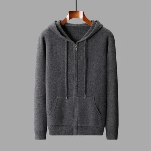 100% Wool Knit Cardigan for Men Solid Color Wool Sweater with Zipper Men's Wool Hoodie