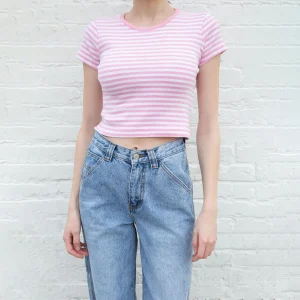 Womens Striped Crop T Shirt Regular Fit Short Sleeve Cotton Stretch Breathable Knitted Casual Summer Baby Tee