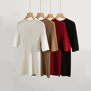 High-neck Worsted Wool Knit Top Solid Color Five-quarter Sleeve Wool Sweater
