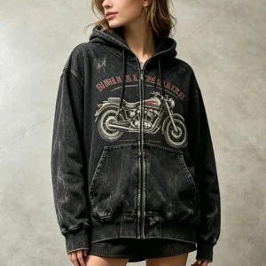 Women's Summer Knitted 100% Cotton Vintage Motorcycle Print Breathable Hoodies Washed Oversized Zip-Up Street