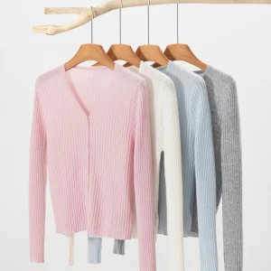 100% Cashmere Striped Cardigan Women's Casual V-neck Solid Knitted Sweater Jacket Top Direct Sales