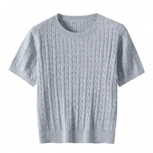 New Wool Knit Sweater Women's Round Neck Cable Knit Short Sleeve Solid Color Wool Pullover T-Shirt