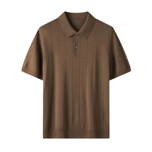 100% Fine Wool Knitwear Solid Color Striped Collared Short-Sleeve T-Shirt Casual Wool T-Shirt Direct Sales