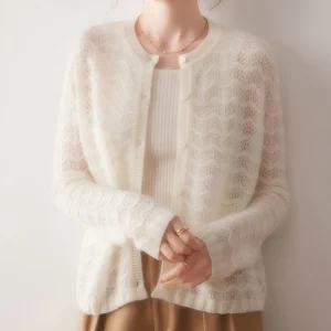 Women's Casual 100% Cashmere Crew Neck Cardigan Solid Color Computer Knitted Sweater Anti-Wrinkle Breathable Cashmere sweater