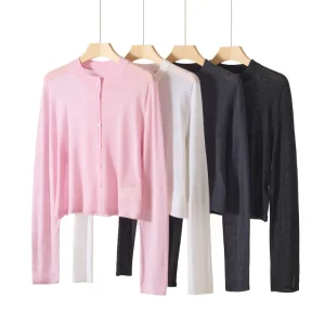 Thin Long Sleeved Worsted Wool Crew Neck Cardigan for Women Summer Solid Wool Outerwear Sun protection Jacket Top