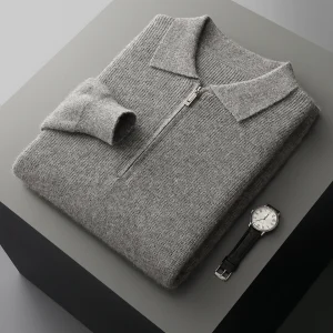 Men's Pure Wool Polo Collar Half-Zip Sweater Loose Fit Thickened New Autumn Winter Knitted Wool Pullover